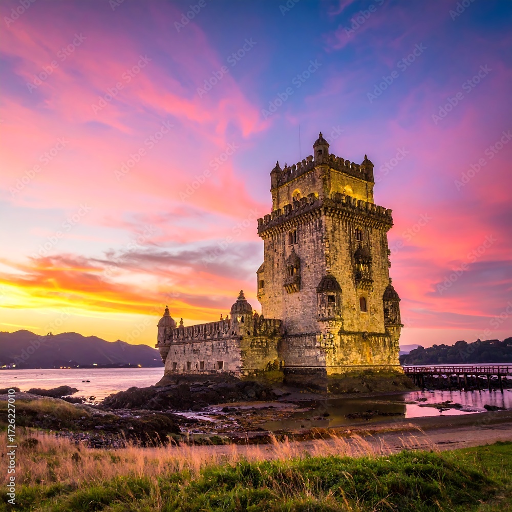 Obraz premium Coastal stone tower at sunset, reflecting colorful sky