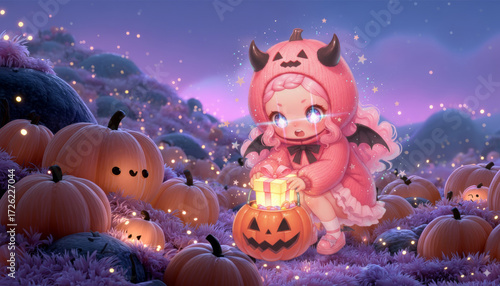 Fantasy Halloween Scene with a Cheerful Pig Character and Glowing Pumpkins