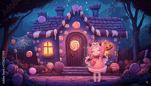 Fantasy Halloween Scene with a Cheerful Pig Character and Glowing Pumpkins