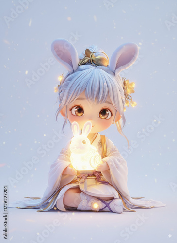Fantasy Moonlit Scene with a Girl and a Lantern