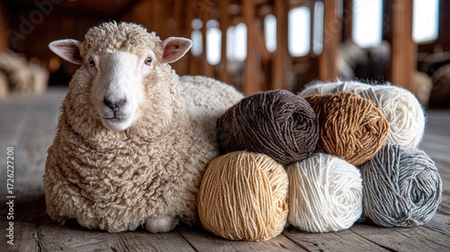 Wool production imagery with sheep resting beside stacked yarn balls in natural tones, rustic barn setting symbolizing textile craftsmanship and authenticity