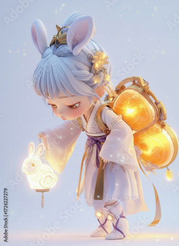 Fantasy Moonlit Scene with a Girl and a Lantern