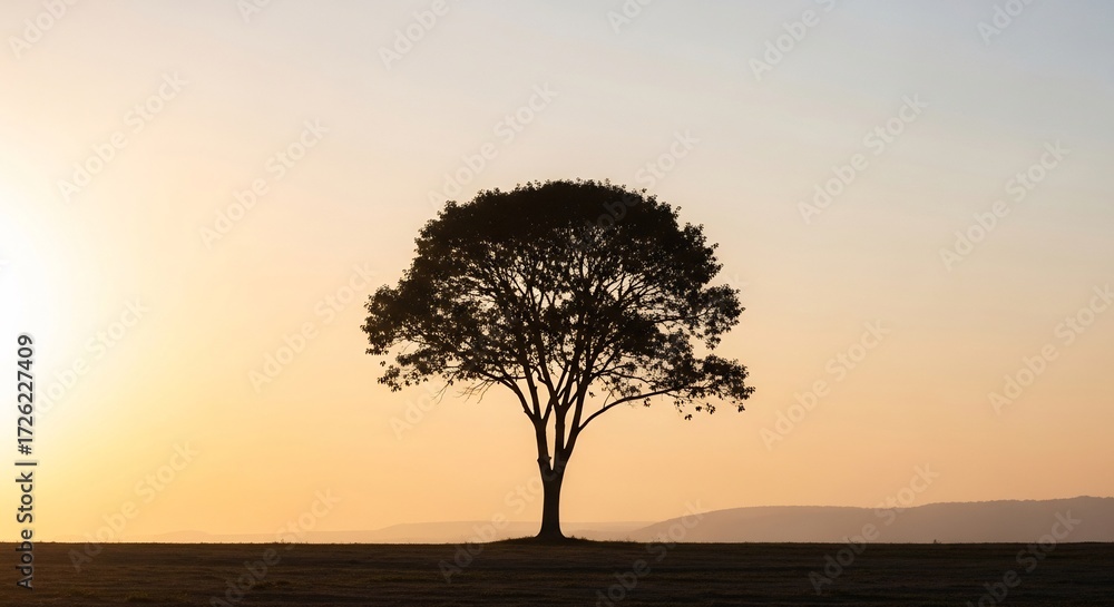 Obraz premium Silhouette of a large tree against a gradient sky at sunset over a field