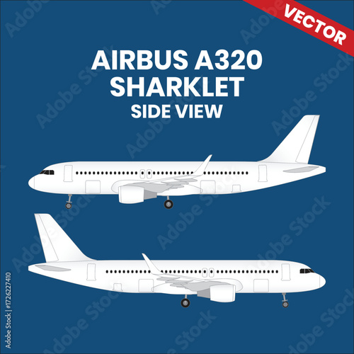 Line drawings of Airbus A320 Sharklet aircraft sideview right and left with two jet engine 
