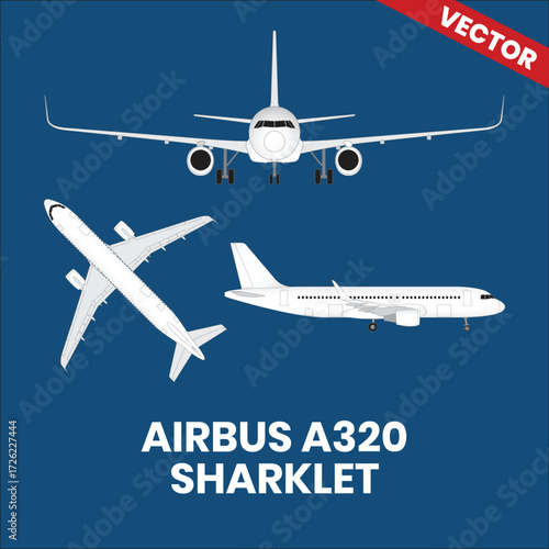 Line drawings of Airbus A320 Sharklet aircraft top view side view front view with two jet engine 