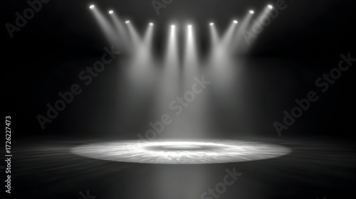 Five spotlights illuminating a dark empty stage