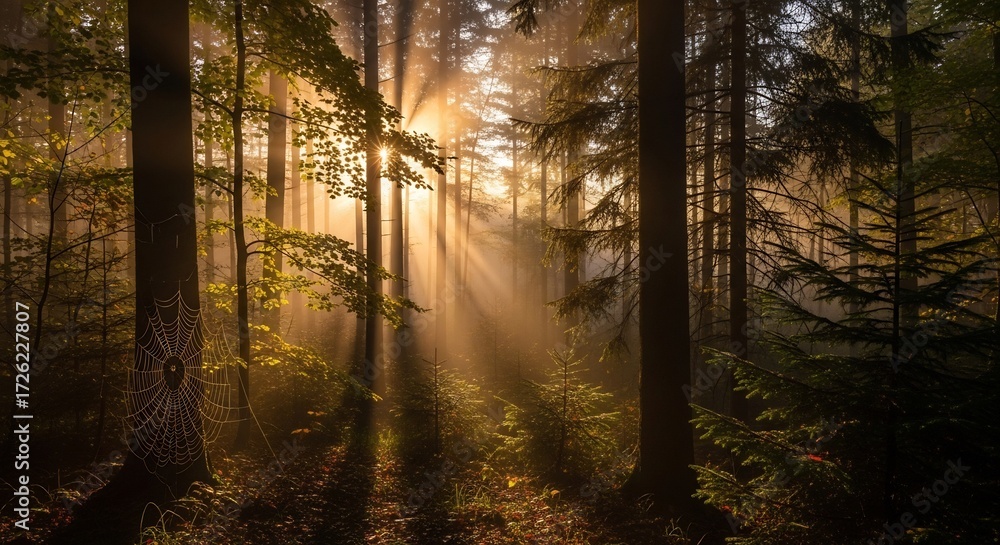 Naklejka premium Sunbeams pierce through a misty forest illuminating a spiderweb