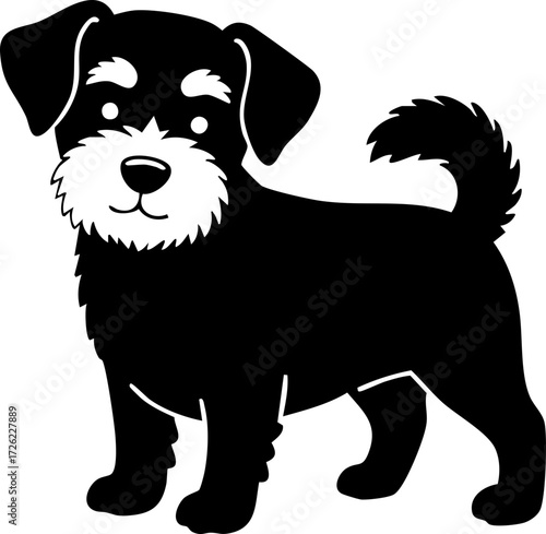 Digital art of a black and white cartoon dog with a curly tail standing, facing forward, against a plain white background, creating a cheerful mood.
