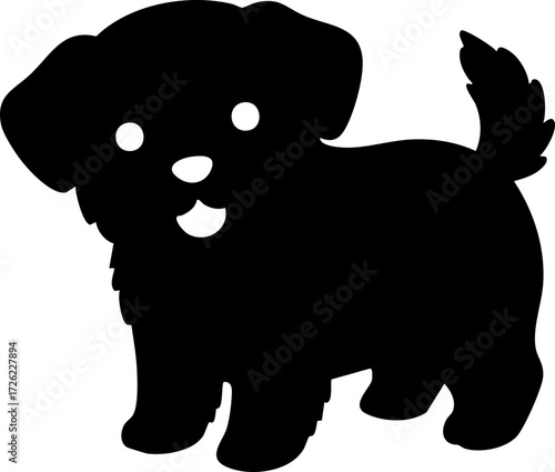 Create a black silhouette of a fluffy, cartoon-style puppy with bright white eyes, standing cheerfully against a plain white background, digital art.
