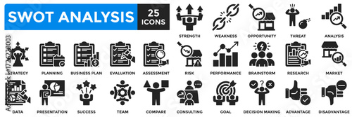 SWOT analysis solid icon set for business strategy, including icons strategy, planning, research, data, team, goal, decision, advantage, and disadvantage for reports, growth, and presentations.