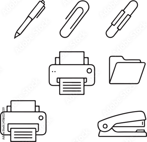 Collection of office supply icons including pen paperclip cutter printer and folder writing stationery