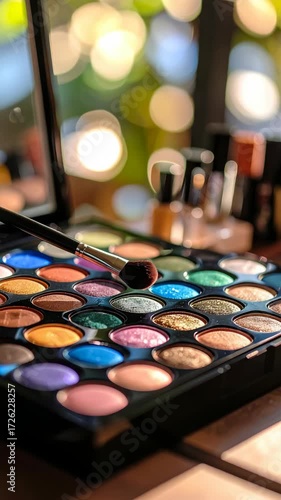 Close-up of eyeshadow palette with brush, showcasing vibrant colors and makeup products with bokeh background, cosmetic beauty photography