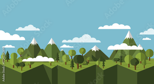 Low Poly Landscape with Mountains, Trees, and Clouds.