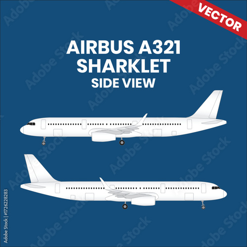 Line drawings of Airbus A321 Sharklet aircraft sideview right and left with two jet engine 