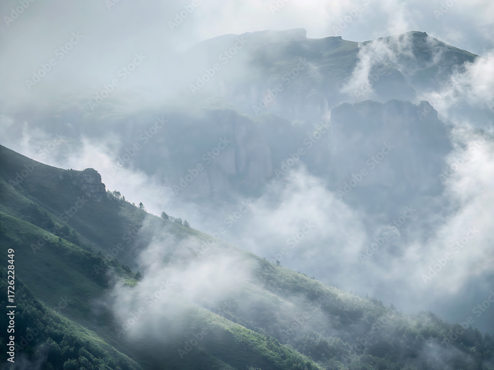 Obraz premium fog in the mountains. mountain, clouds, landscape, sky, cloud, nature, mountains, fog, travel, view, hill, snow, peak, rock, high, forest, summer, volcano, mist, weather, alps, tree, cloudscape, green