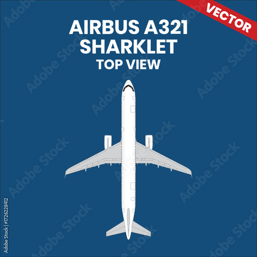 Line drawings of Airbus A321 Sharklet aircraft top view with two jet engine 
