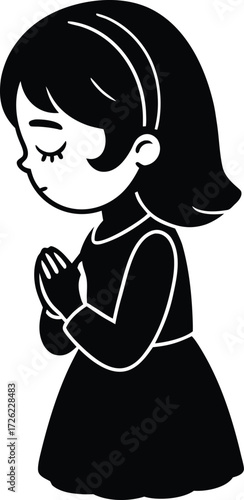 little girl praying with eyes closed black silhoue.eps