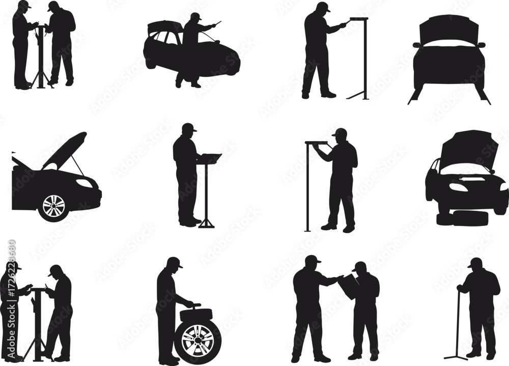 Obraz premium Automotive silhouettes, car repair, mechanic tools, vehicle inspection, garage teamwork, black vector icons, service workflow scenes