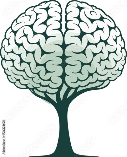 Creative brain tree illustration, symbol of knowledge, intelligence, growth, learning, education, innovation, mental health, psychology, sustainability concept