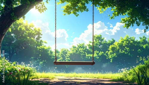 A Swing set on Sunny Day: A wooden swing hangs suspended from a sturdy tree branch, inviting a moment of serene relaxation against a backdrop of sun-drenched greenery and a bright blue sky.