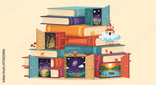 Magical stack of books with open pages revealing fantasy worlds.