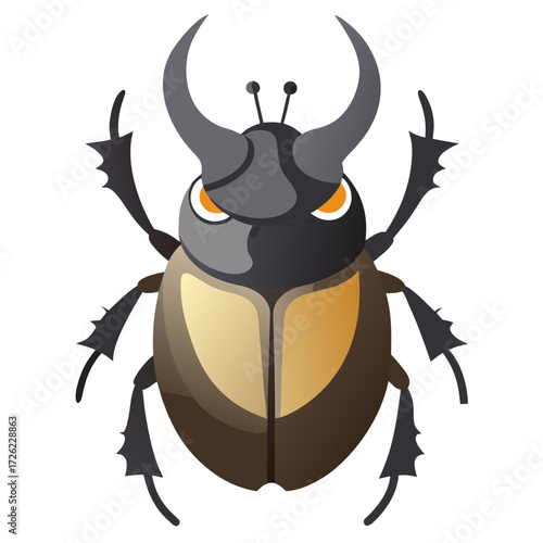 Brown and gray rhinoceros beetle with large curved horns and spiky legs.