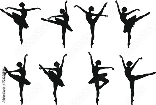 Ballet silhouette, ballerina pose, dance movement, graceful posture, tutu dress, black and white, artistic elegance, performance