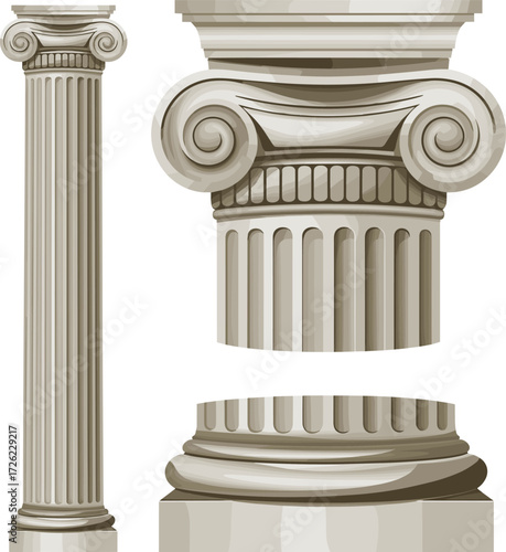 Ancient Ionic column architecture illustration with detailed capital, classic Greek pillar design, Roman structure element, cultural heritage, decorative vector artwork