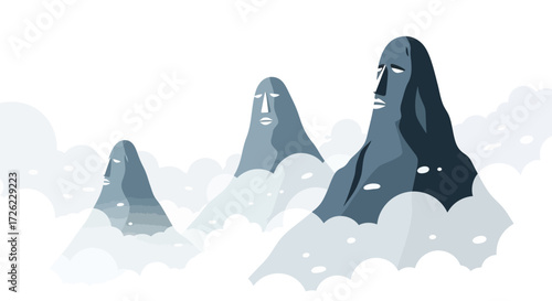 Mysterious mountain figures with ancient faces emerging from clouds.