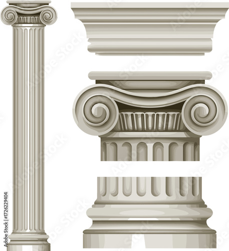 Ancient Greek Ionic column architecture illustration with decorative capital, classical pillar design, historic construction element, cultural heritage vector artwork design