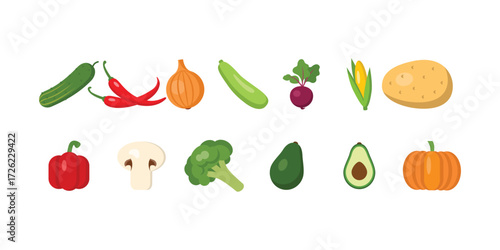 Colorful vector collection of fruits and vegetables for healthy lifestyle, organic food, grocery, vegan design and eco-friendly branding visuals