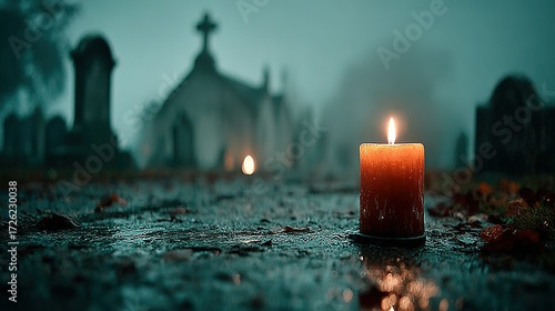 Lit candle in graveyard with tombstones and church in background on foggy day.
