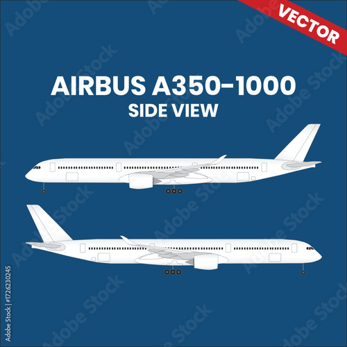 Line drawings of Airbus A350-1000 aircraft sideview right and left with two jet engine 