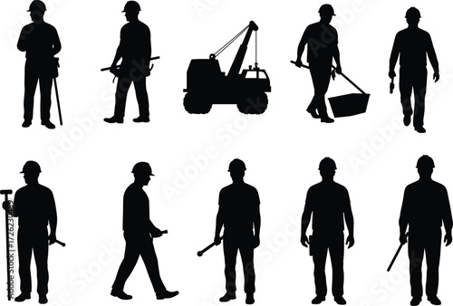 Construction Silhouettes, Workers, Tools, Surveying, Wheelbarrow, Crane, Engineering, Manual Labor, Hard Hats