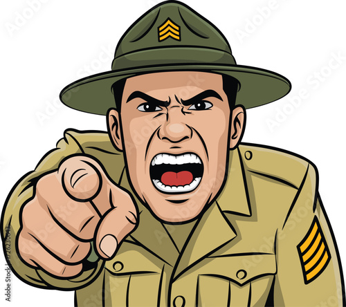 Cartoon illustration of angry military drill sergeant shouting and pointing finger in uniform, symbol of discipline, authority, leadership, command training