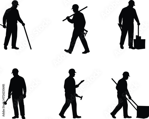 Construction Worker Silhouettes, Hard Hats, Tools, Manual Labor, Shovel, Pipe, Toolbox, Engineering, Vector Art, Industrial Safety, Black Figures, Carpenter, Hammer, Wrench, Urban Work, Manual Tasks