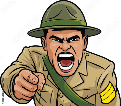 Cartoon illustration of angry army drill sergeant shouting and pointing finger in military uniform, leadership, discipline, authority, command training concept