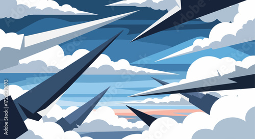 Sharp geometric shapes piercing through a cloudy sky.