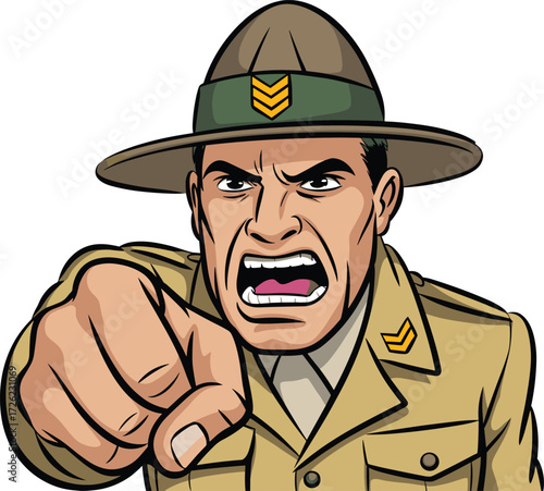 Angry army drill sergeant pointing finger and shouting in military uniform, cartoon illustration, leadership, authority, discipline, command training concept