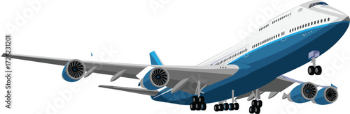 Large passenger airplane flying in clear sky with landing gear extended, commercial jet aircraft illustration, aviation travel, airline transport, flight concept