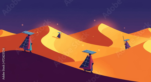Solar panels stand tall in the desert landscape under a starry night sky.