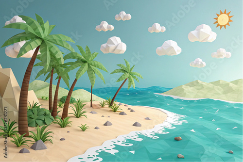Tropical Papercraft Beach Landscape – Low Poly Digital Art