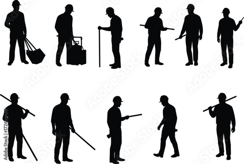 Construction workers silhouettes, hard hat laborers, industrial tools, teamwork, building site, manual work, vector illustration, bundle