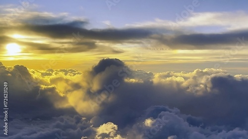 Image of a beautiful view of the sky from an airplane window with clouds below and the sun shining through the clouds, nature, sky.