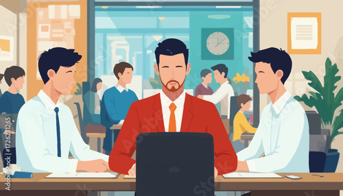 flat vector of office activity with worker, man and woman working