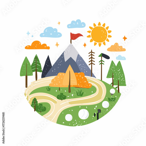 A vibrant green screen landscape illustration with a mountain peak, flag, sun, and trees, representing technology and growth