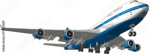 Large passenger airplane flying in sky with landing gear down, commercial jet aircraft illustration, aviation travel, transportation, airline, journey concept