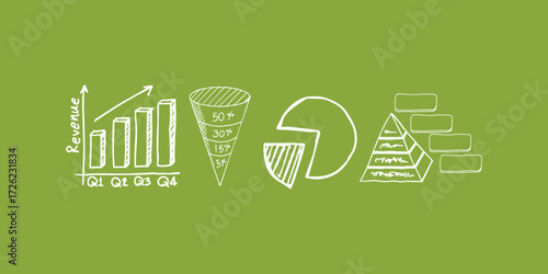 Vector hand drawn doodle business graphs, charts, icons and infographic elements representing data, statistics, economic trends, money flow, and financial changes