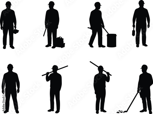 Construction workers silhouettes, tools, hard hats, teamwork, labor, industrial site, repair, maintenance, painting, lifting, pipe carrying, toolbox, barrel, ground work, safety gear, job site