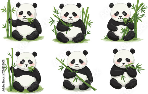 Cute cartoon panda illustrations, bamboo poses, sitting pandas, playful animals, green grass, wildlife, nature, conservation